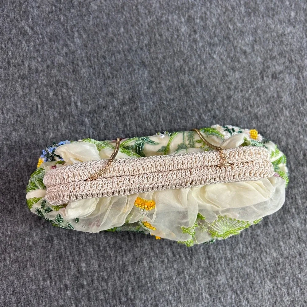 Floral Beaded Embroidered Evening Clutch Bag Cream Gold Chain Handcrafted